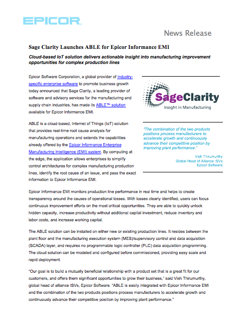 Sage Clarity Launches ABLE for Epicor Informance EMI - Sage Clarity